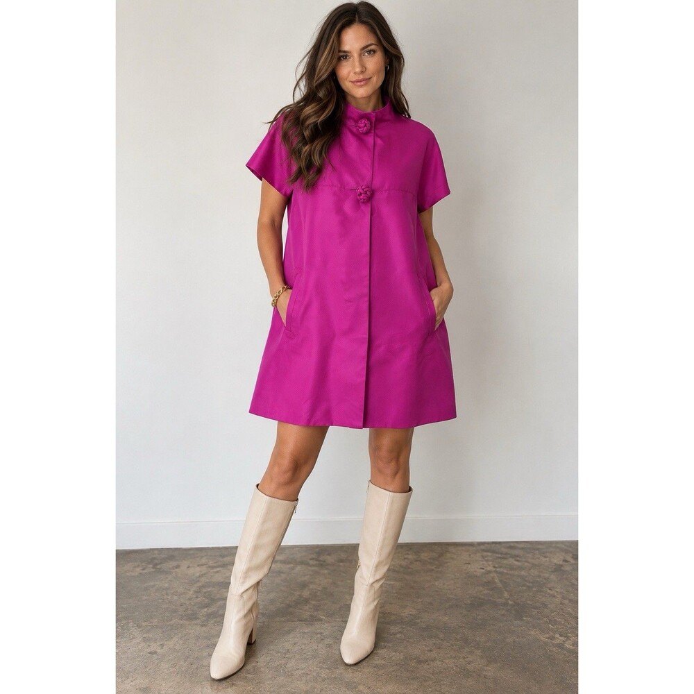 Y2K BGN 100% Silk Fuchsia Mandarin Collar Swing Coat Frog Closure Cap Sleeve Mod